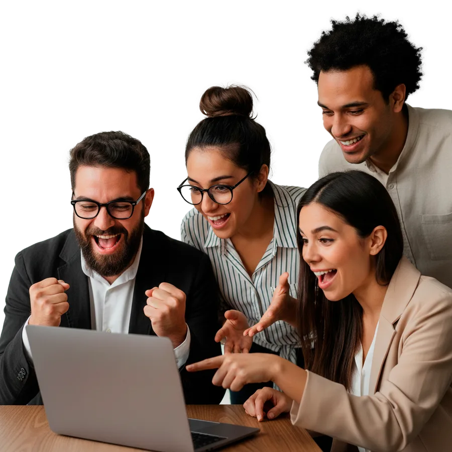 Equipo celebrando resultados frente al computador