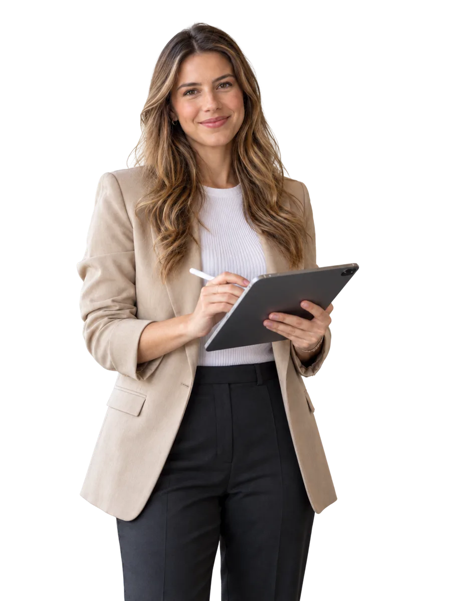 Ejecutiva firmando documentos desde una tablet